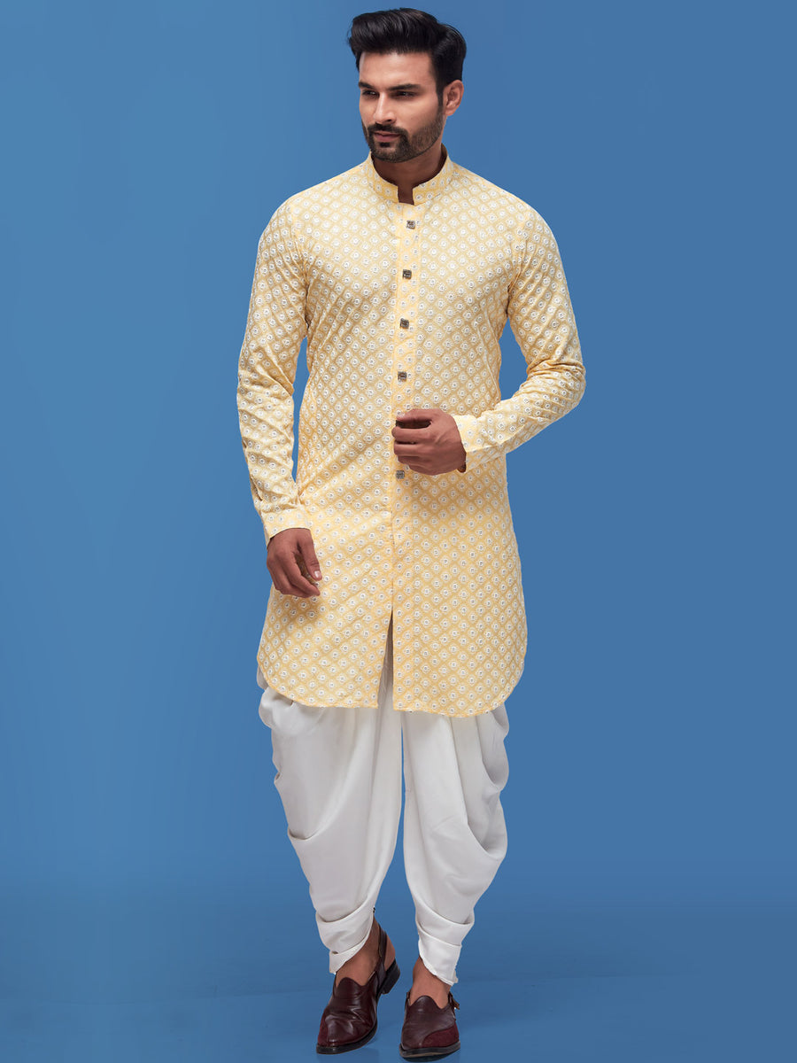 Cotton Silk Light Yellow Embroidered Kurta