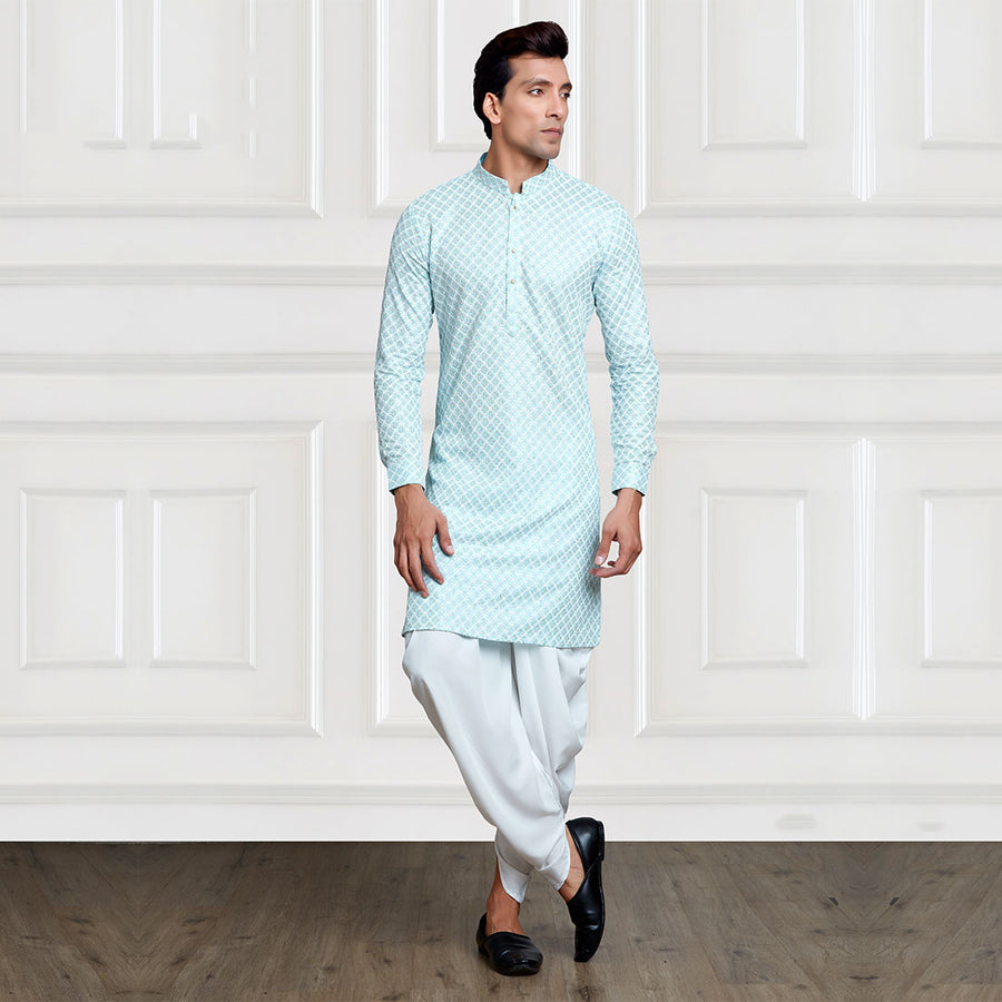 Elegant Sky Blue Jacquard Style Kurta Set with Sequins for Men