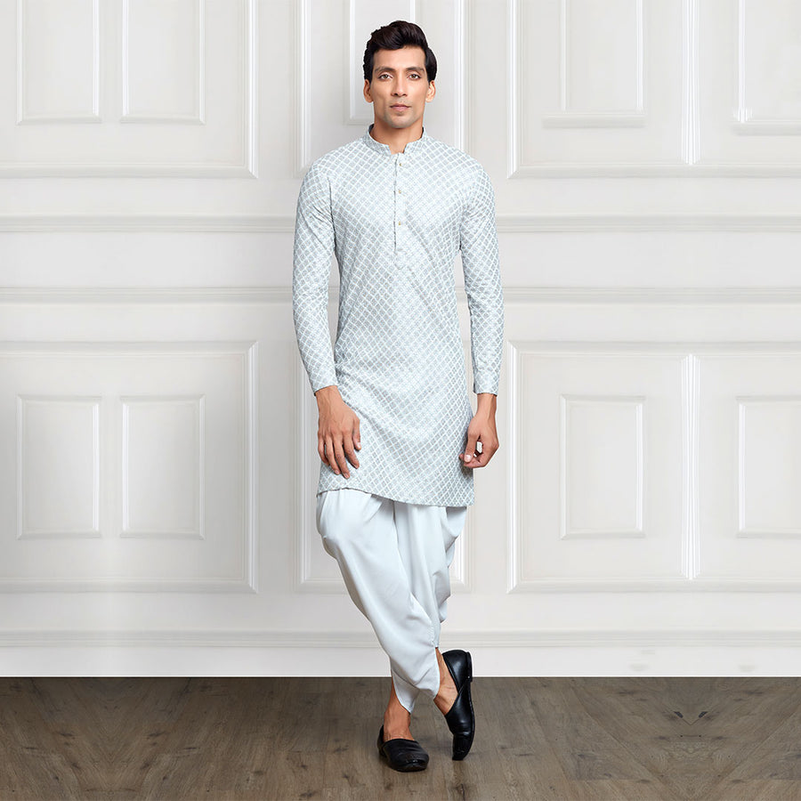 Sequined Lightish Grey Jacquard Pattern Kurta and Pant Ensemble