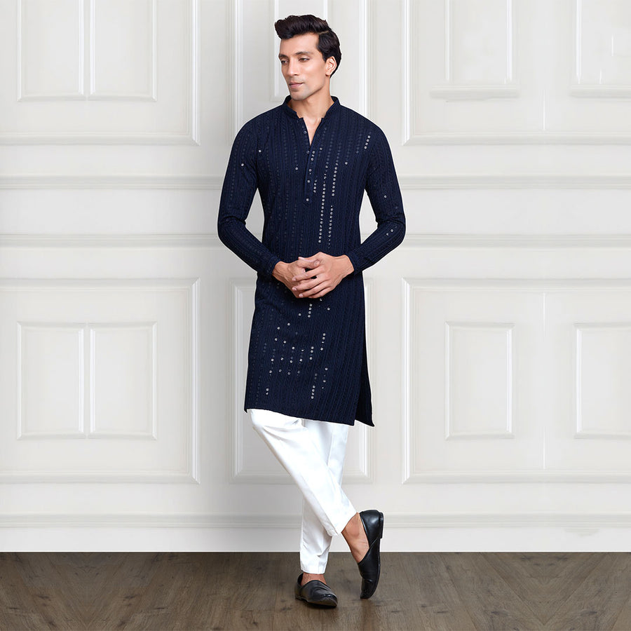 Stylish Sequined Navy Blue Embellished Pant and Kurta Combination with Polo Pant