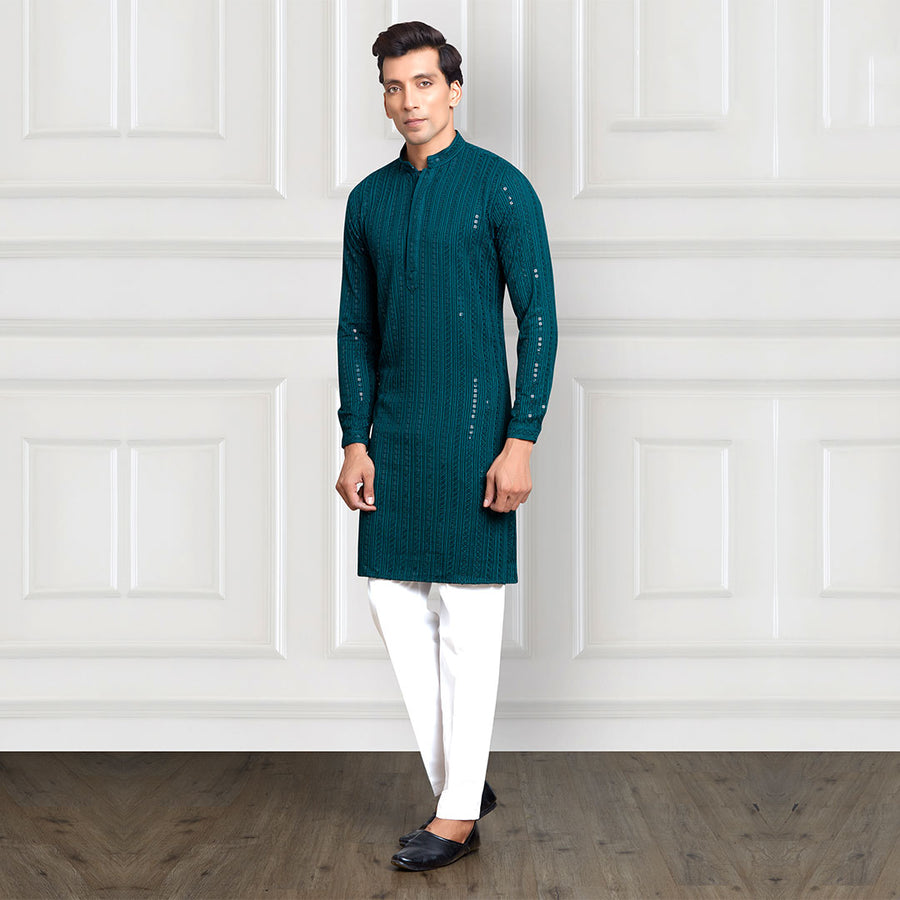 Stylish Sequined Sleek Pant and Kurta Combination in Peacock Green