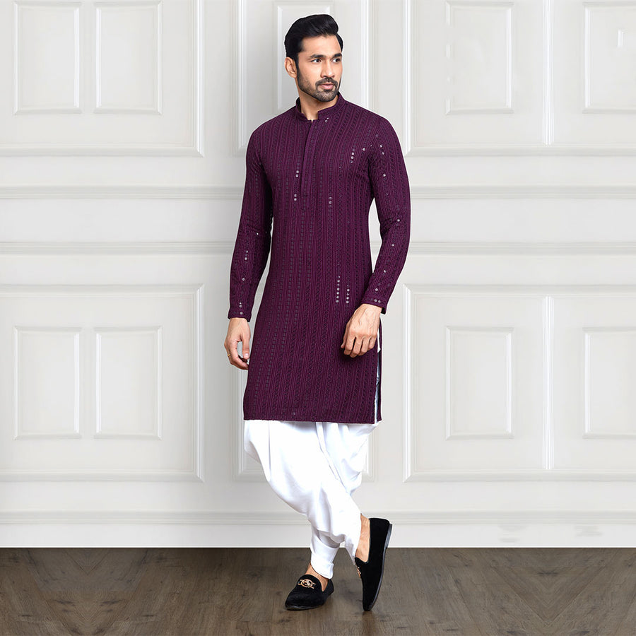 Purple Sequined Threadwork Peshawari Dhoti Pant and Kurta Ensemble