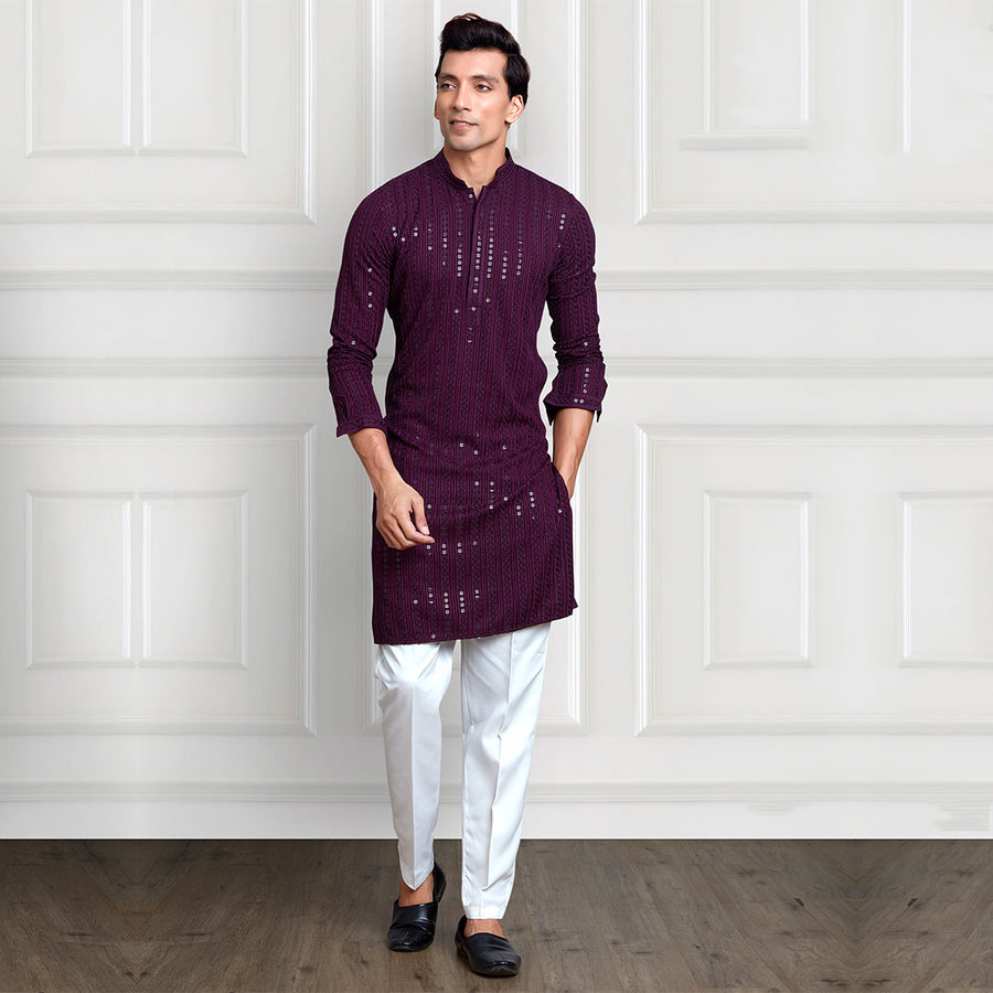 Stylish Sequined Threadwork Purple Kurta and Sleek Pant Combination