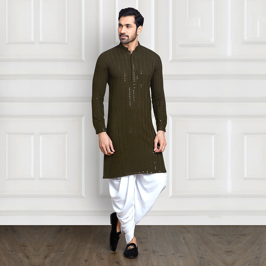 Olive Green Sequins-Adorned Embellished Dhoti Pant and Kurta Set