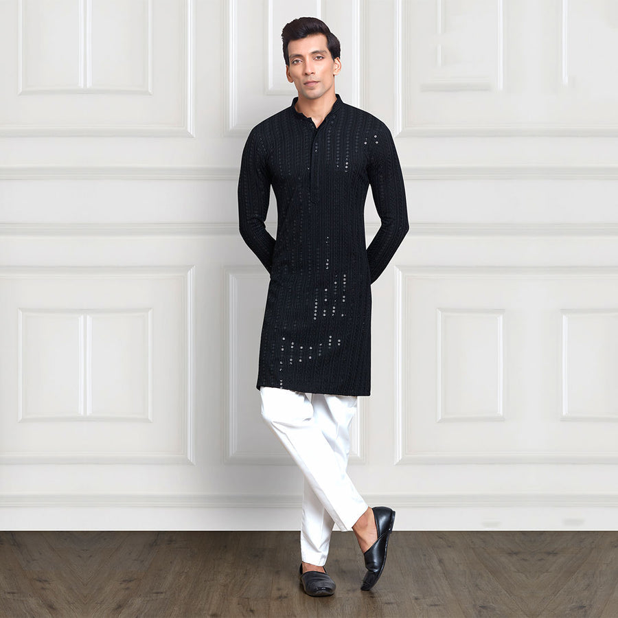 Sequined Embellished Black Kurta and Pant Ensemble