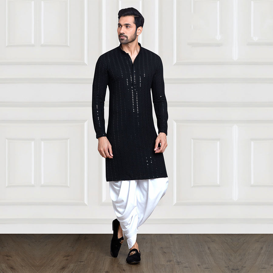 Black Sequins-Adorned Threadwork Dhoti Pant and Kurta Set