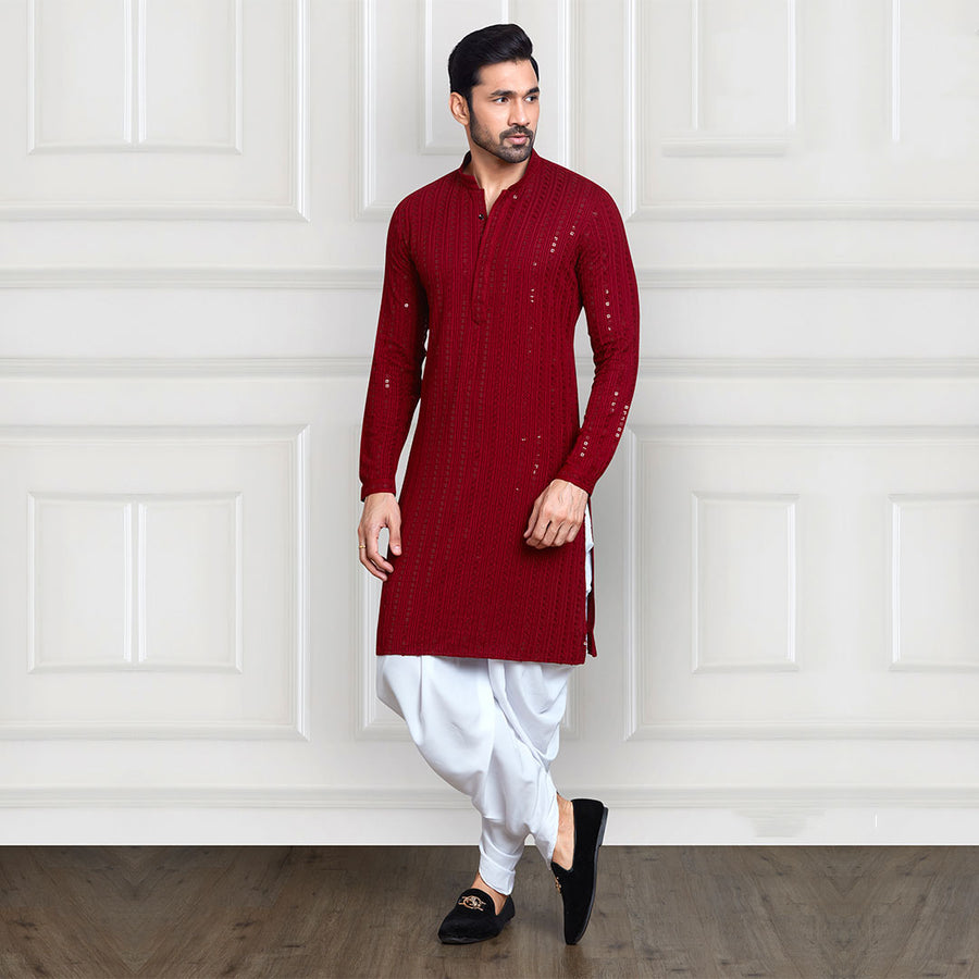 Sequined Dark Maroon and White Embellished Peshawari Pant and Kurta Ensemble