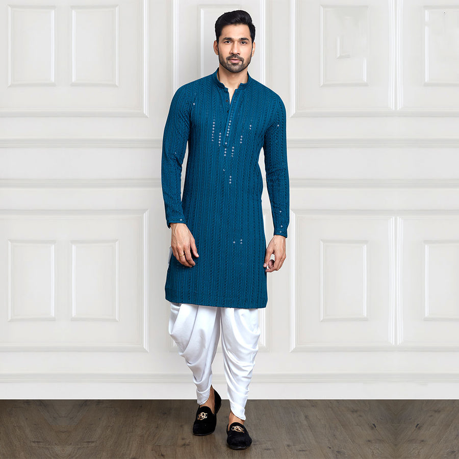 Stylish Sequined Cobalt Blue Kurta and Dhoti Combination