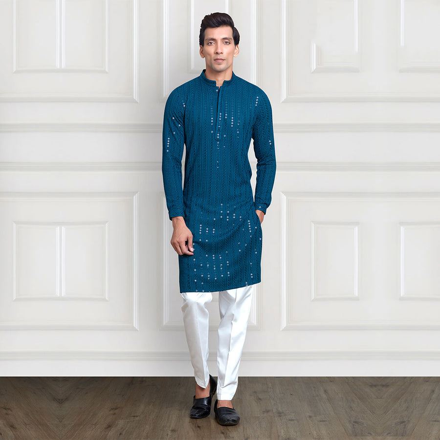 Cobalt Blue Sequins-Adorned Pant and Kurta Set