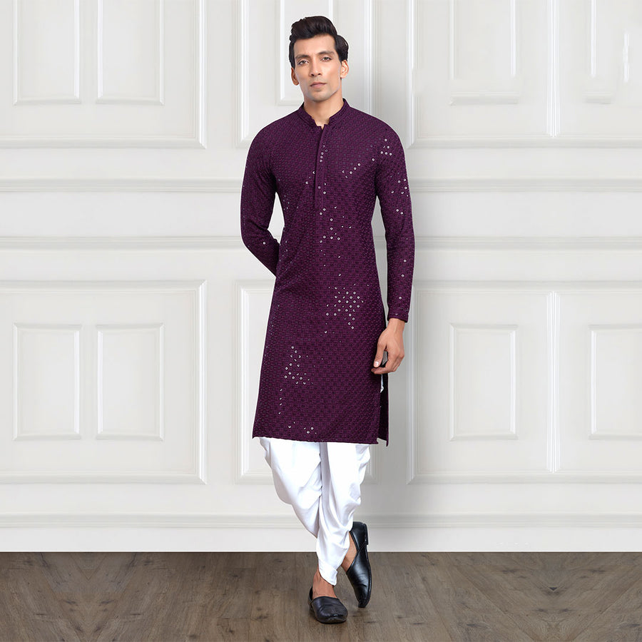 Sequined Purple Ethnic Dhoti Pant and Kurta Ensemble