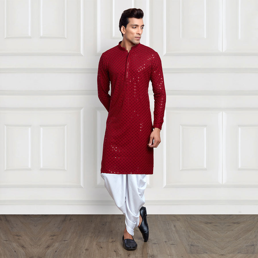 Elegant Embellished Maroon Pant and Sequined Peshawari Kurta Combo