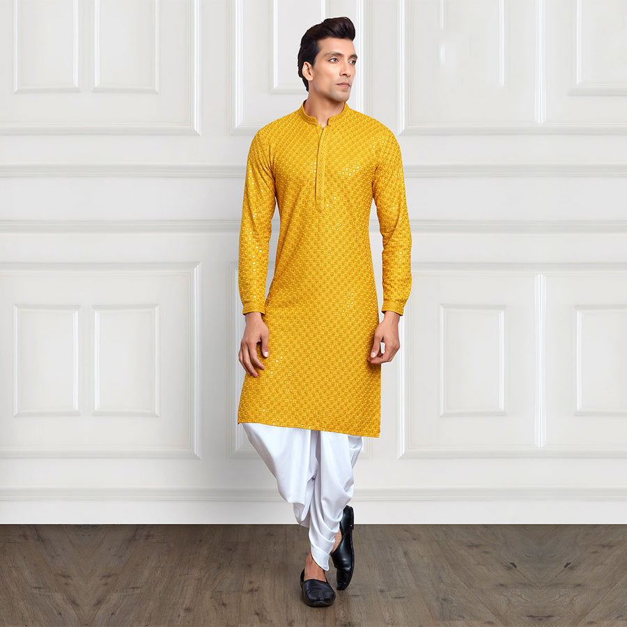 Yellow Sequins-Adorned Ethnic Pant and Kurta Set