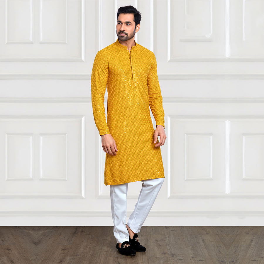 Sequined Mustard Yellow Worked Pant and Kurta Ensemble