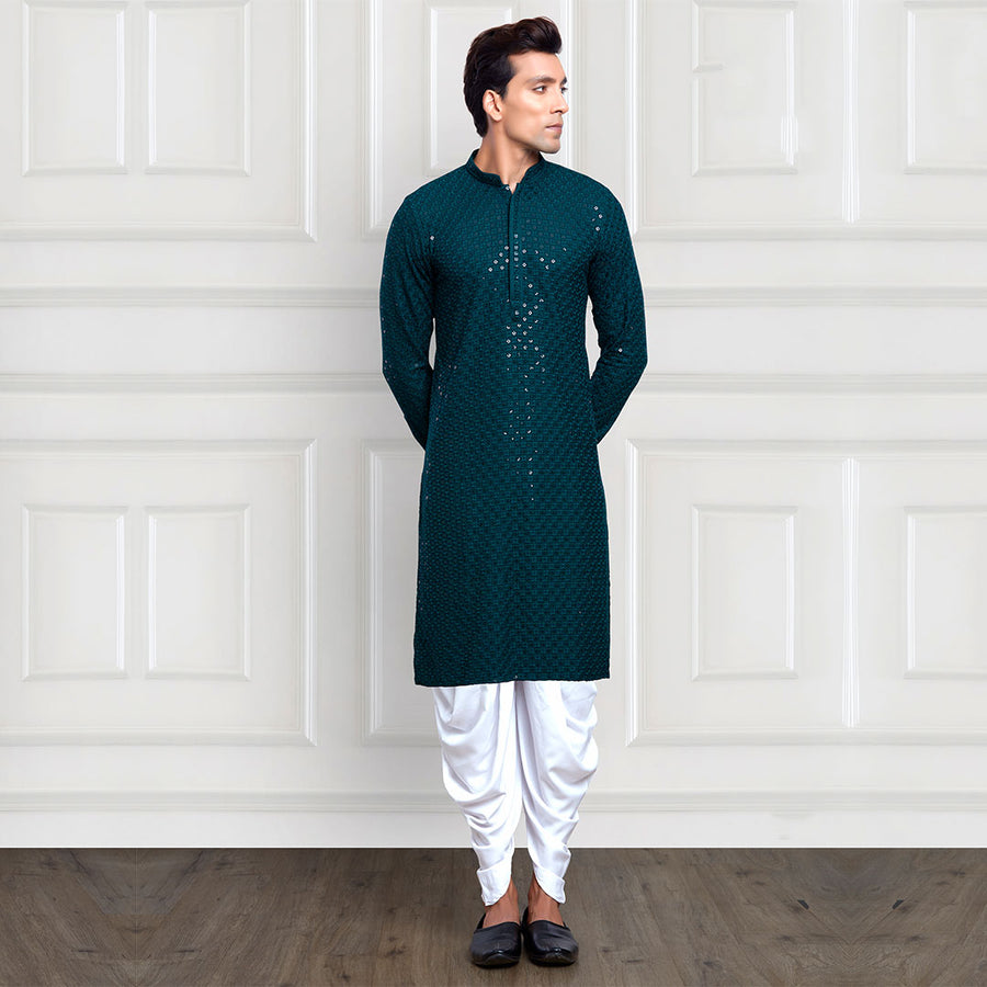 Heavy Sequined Dhoti Pant Kurta In Peacock Blue