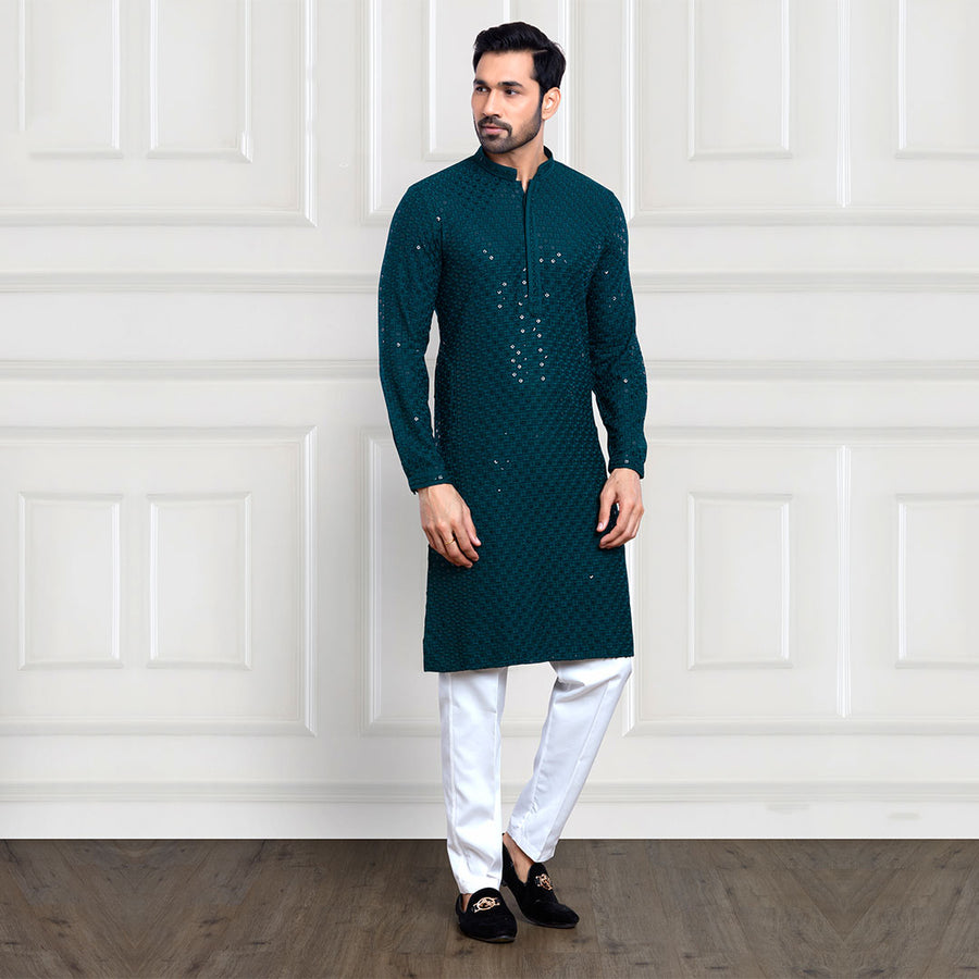 Peacock Blue Sequins-Adorned Pant and Kurta Set