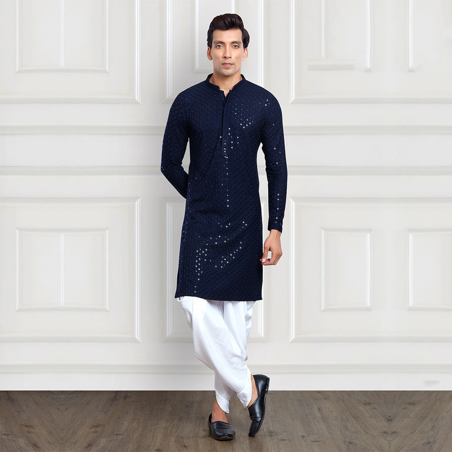 Navy Sequins-Adorned Kurta and Dhoti Pants Set for Men