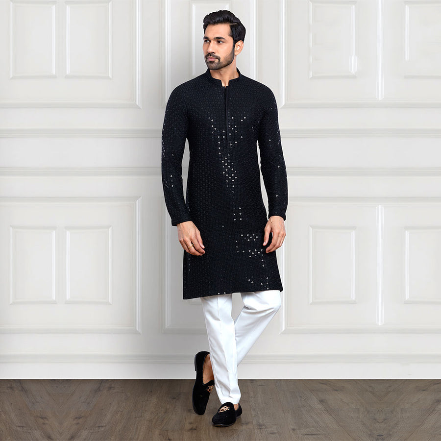 Sequined Black Pant and Kurta Ensemble