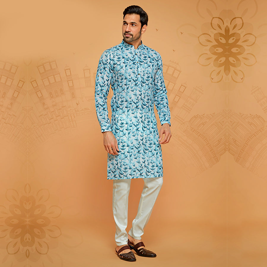Beautiful White and Blue Leaf Print Kurta For Men