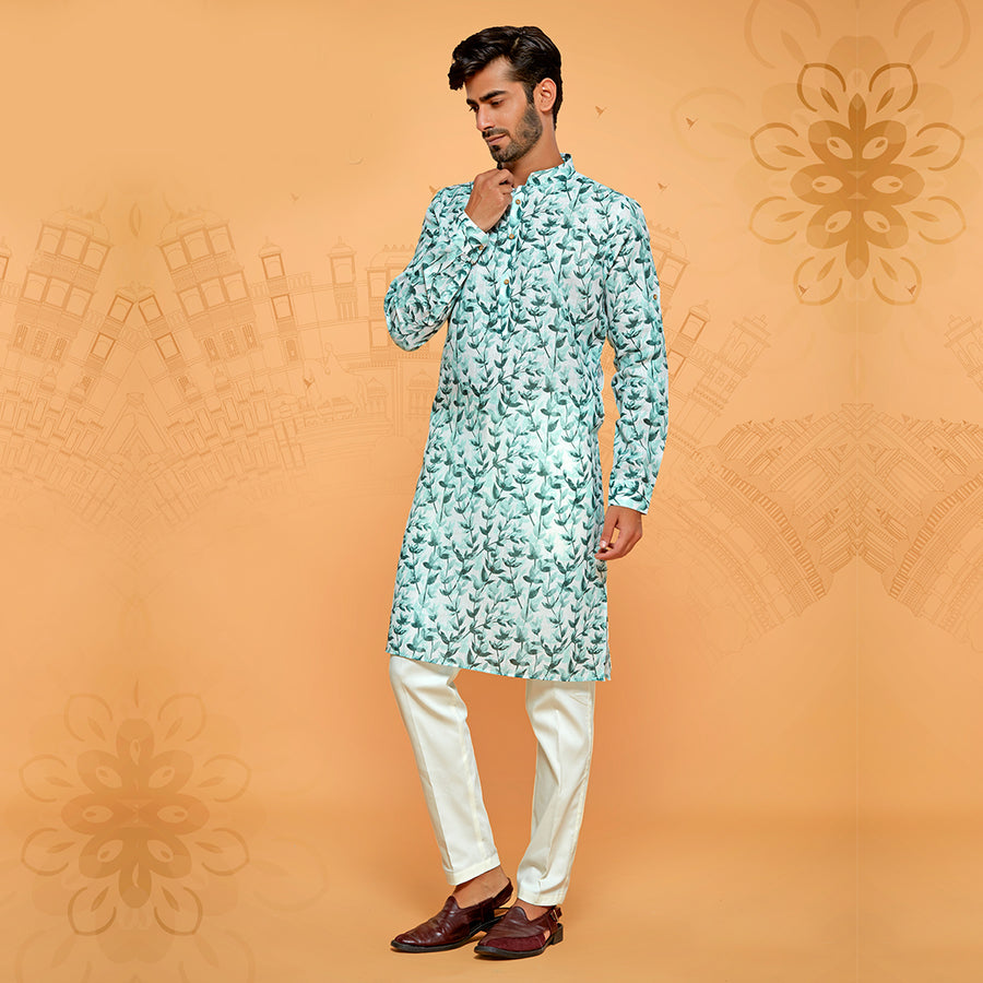 Mens Elegant Green and White Leaf Printed Kurta