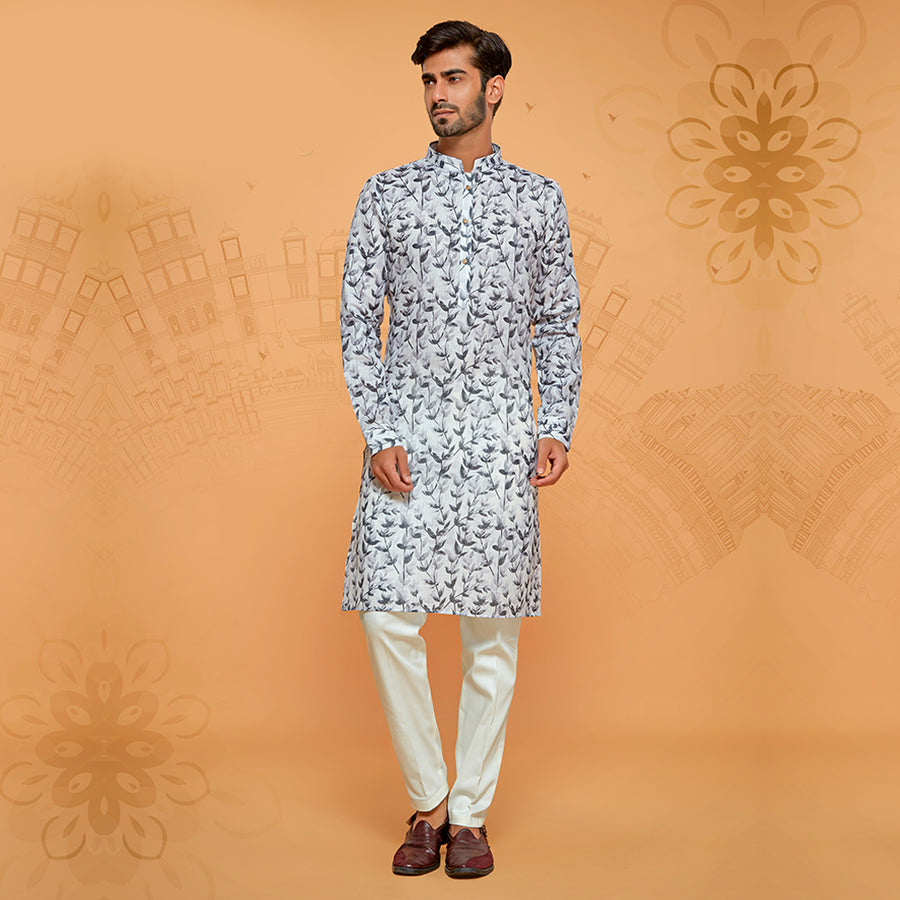Stunning Black and Grey Leaf Printed for Kurta for Men