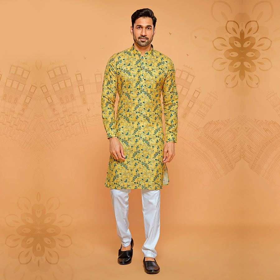 Yellow Classic Kurta Enriched With Green Floral Print