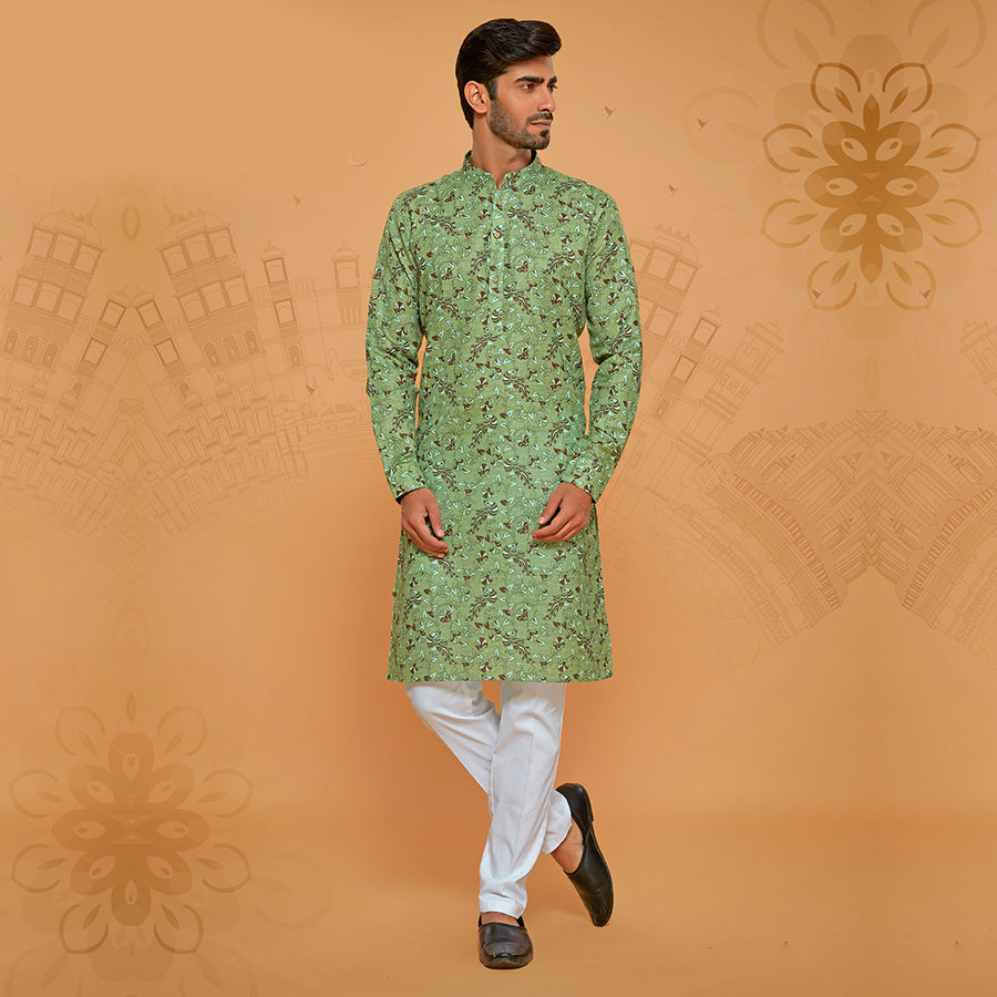 Mint Green Kurta Enriched With Brown Prints