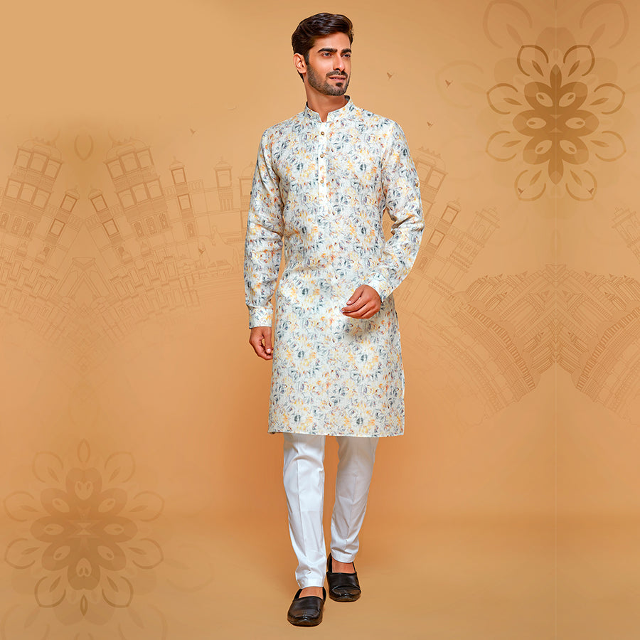 Off-White Kurta In Pastel Floral Print