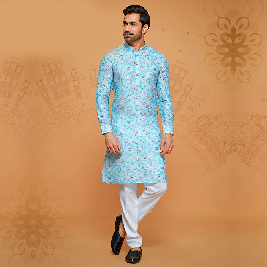 Light Blue Cotton Kurta In Print For Men