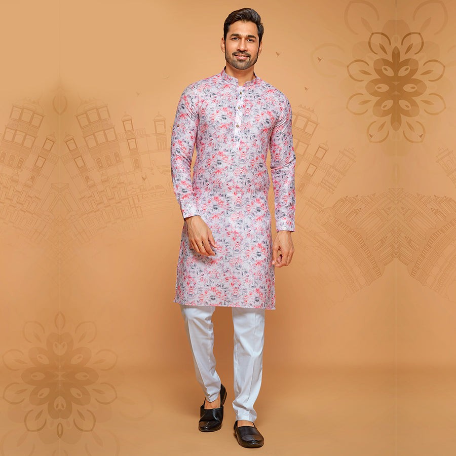 Suave Pink Floral Simple Kurta For Men