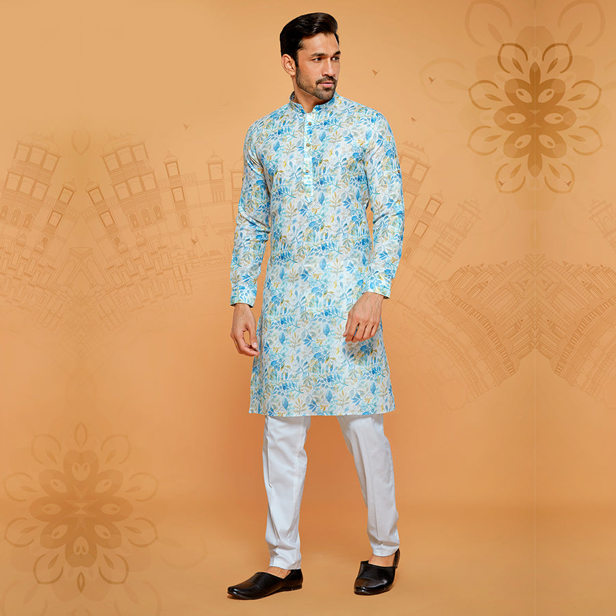 Muted white kurta with blue and yellow leaf print