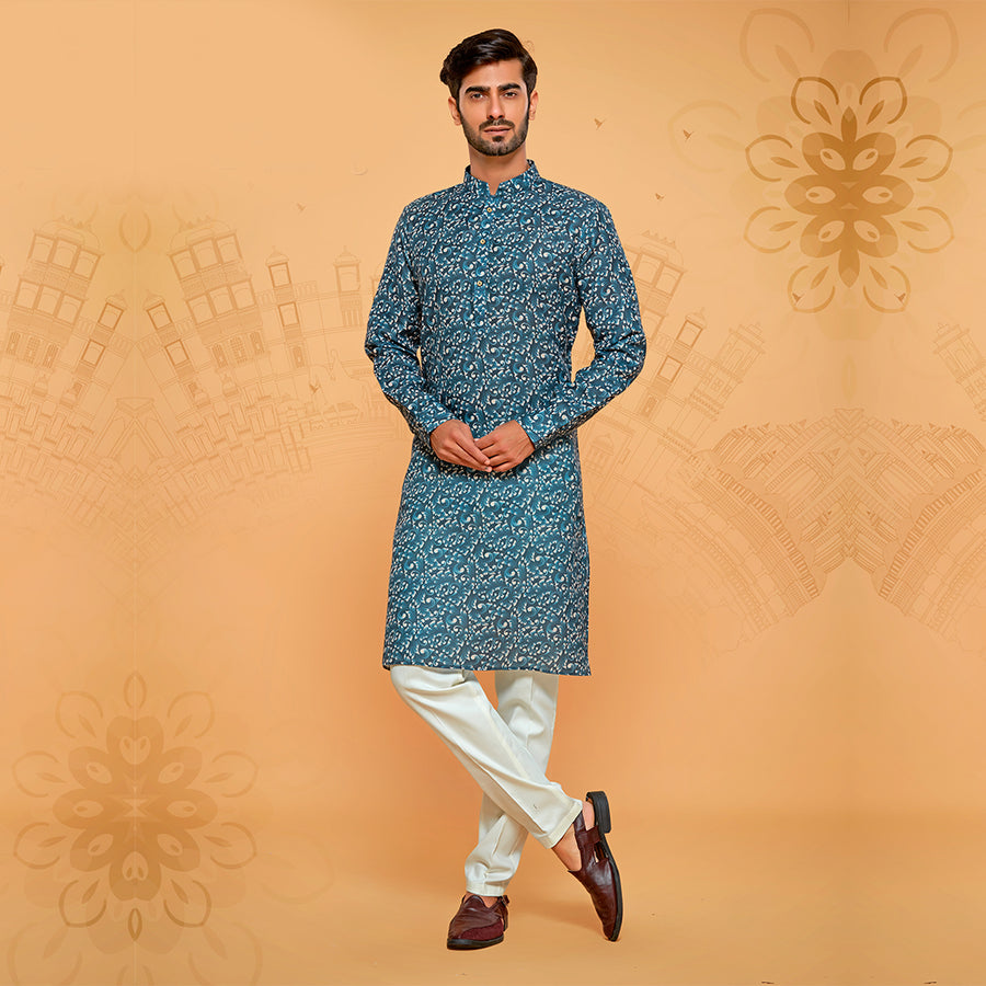 Abstract Printed Bluish Grey Kurta For Men