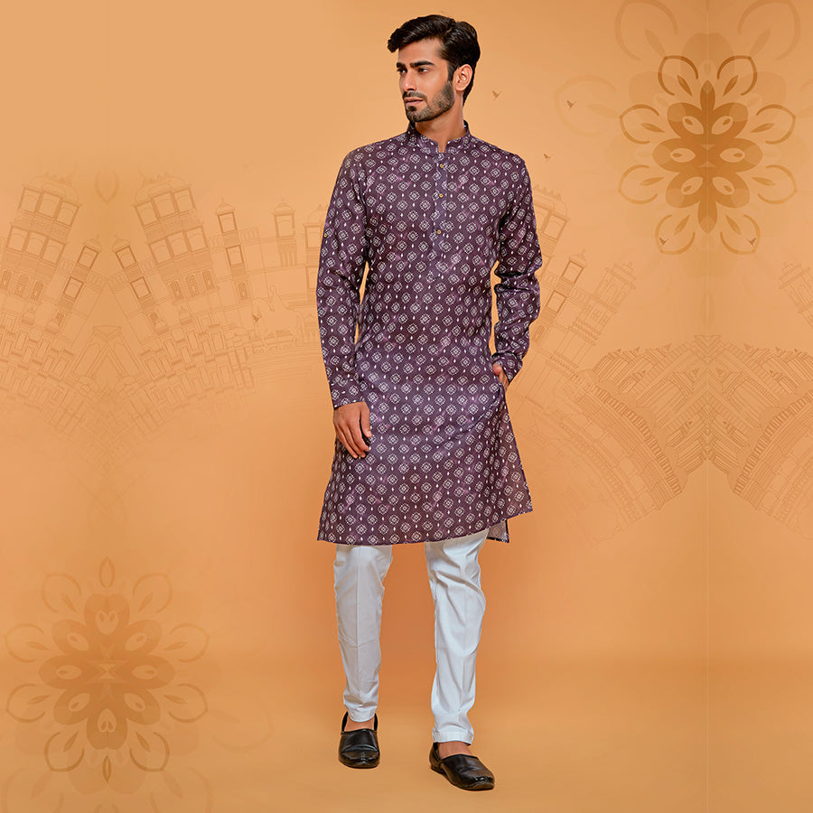 Purple Classic Printed Kurta For men