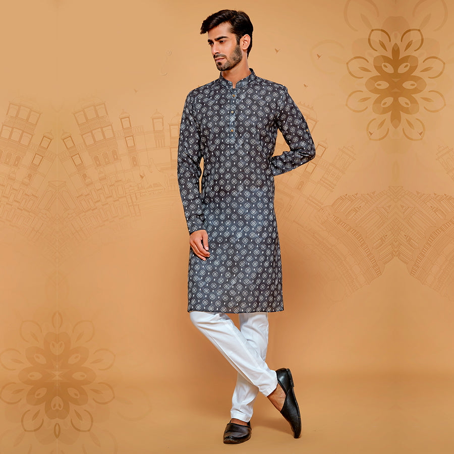 Black printed kurta for men