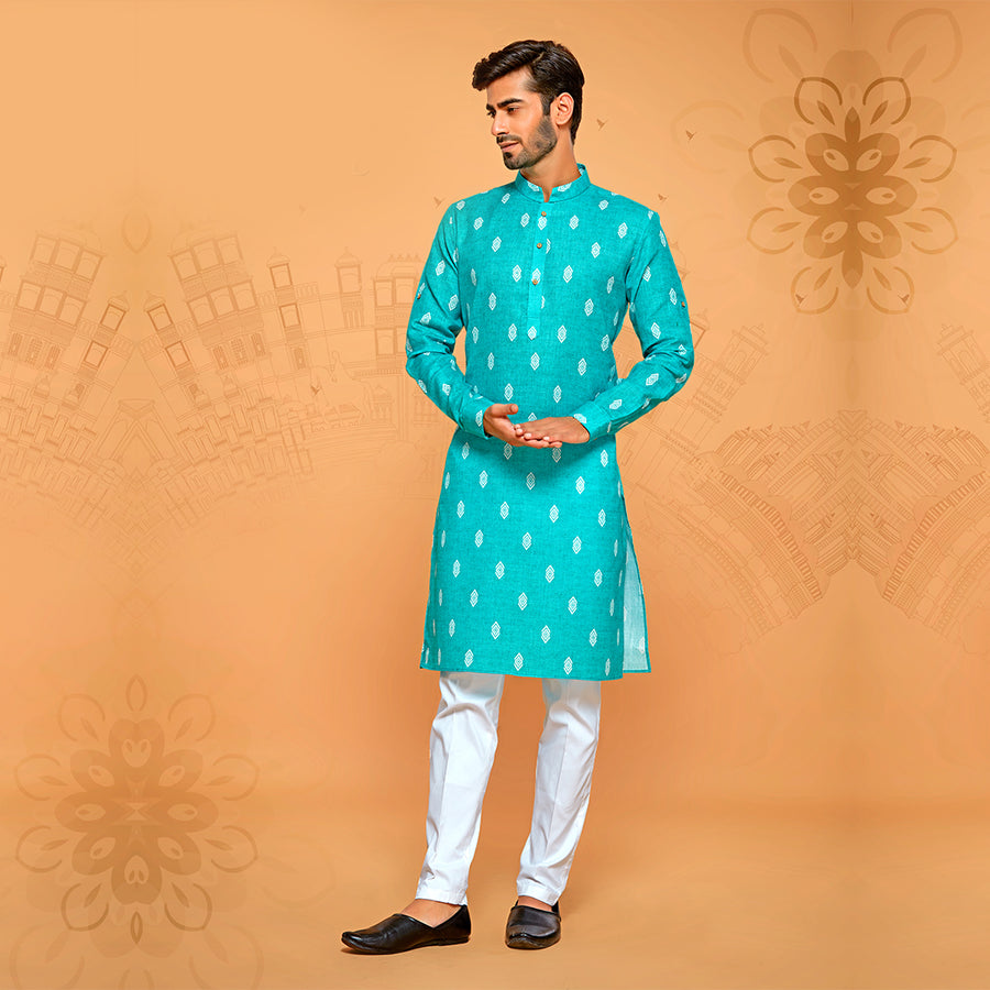 Sea Green Boota Printed Kurta For Men