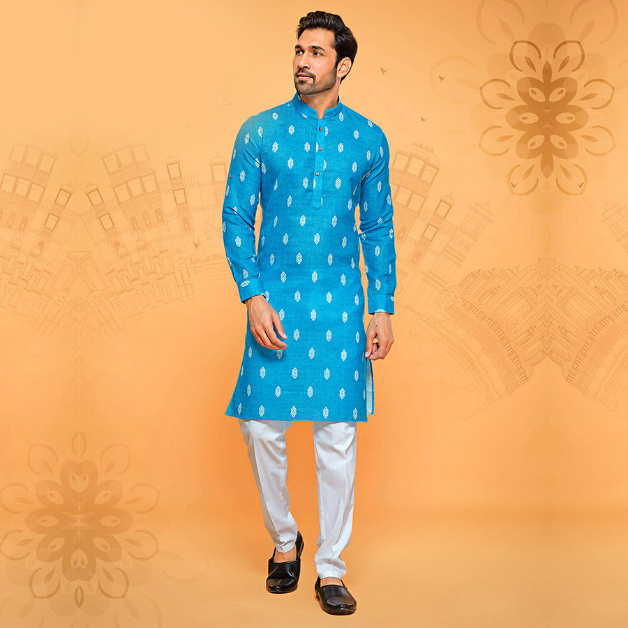 Men's Cobalt Blue Boota Print Kurta For Men