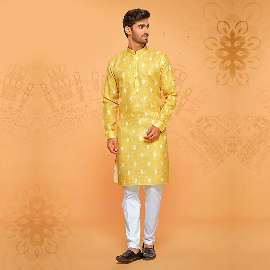 Bright Yellow Boota Printed Kurta For Men