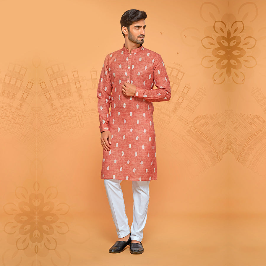 Unique Carrot Hue Printed Kurta For Men