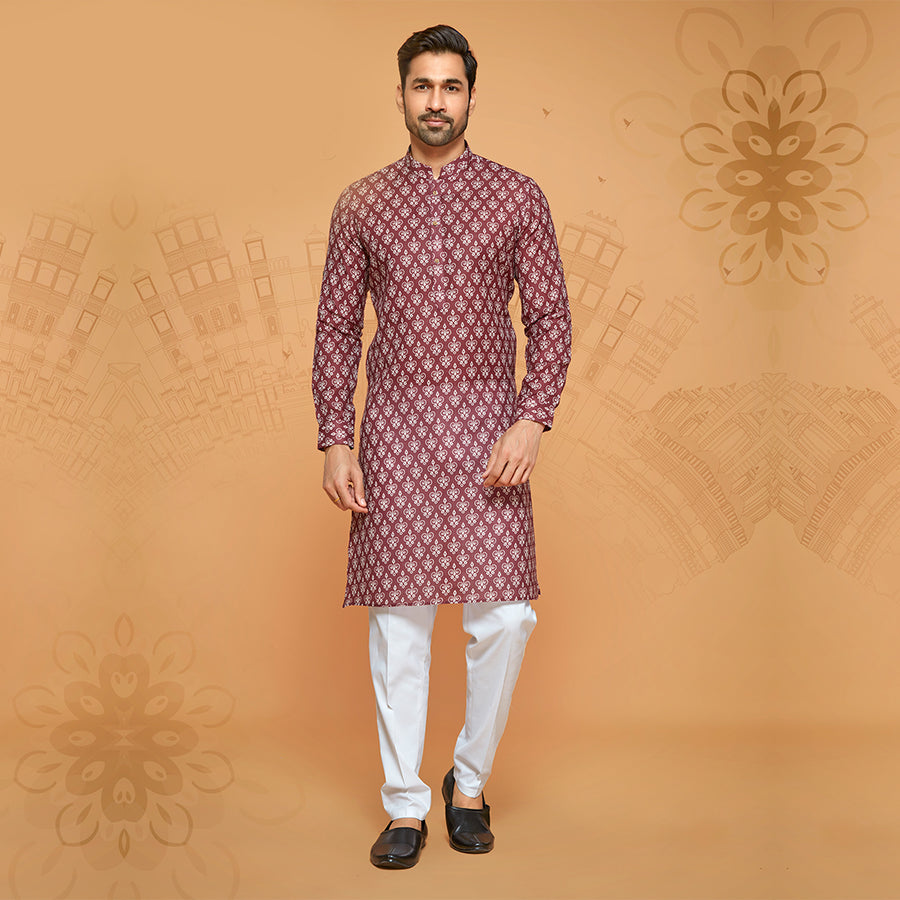 Exclusive Maroon Printed Full-Sleeve Kurta