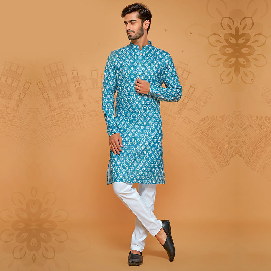 Custom Printed Blue Full-Sleeve Kurta