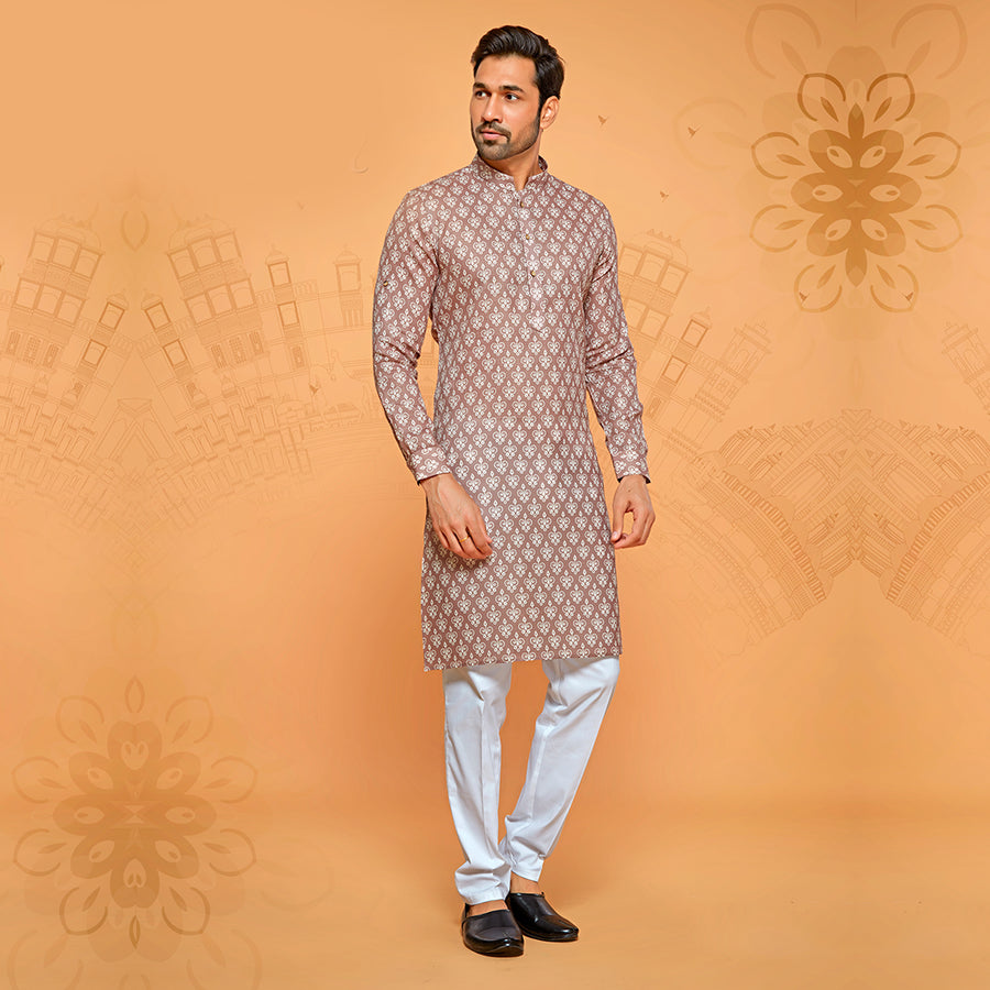 Beige Simple Printed Kurta for Men