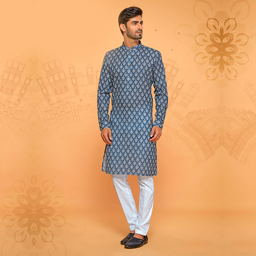 Blue Conventional Printed Kurta for Men