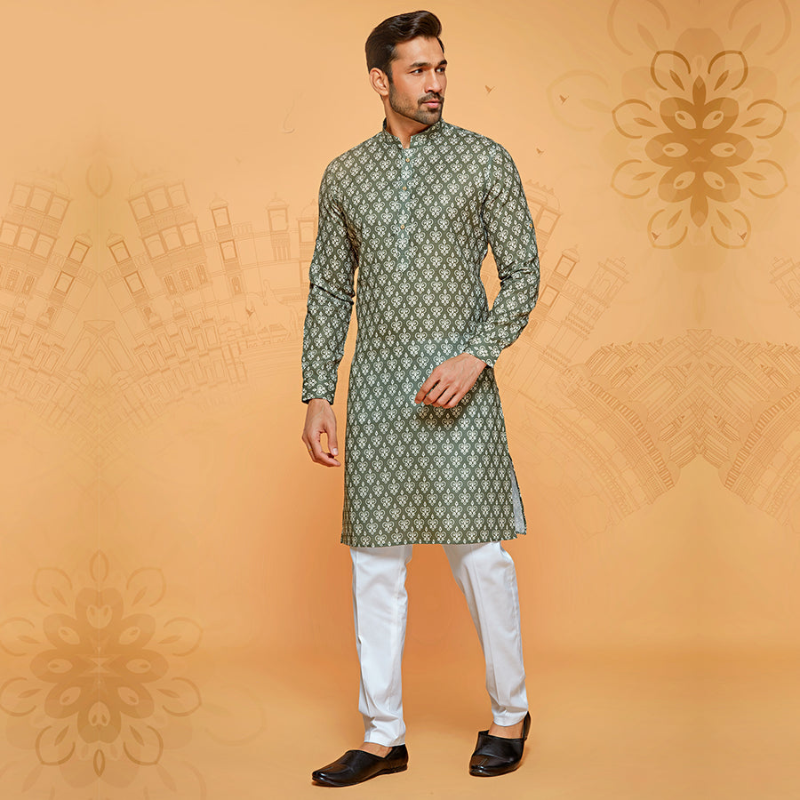 Fresh Green Hue Printed Kurta for Men