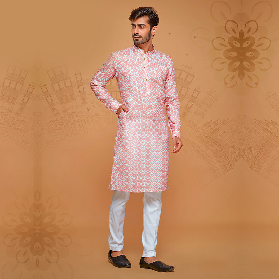 Baby Pink Floral Printed Men's Kurta