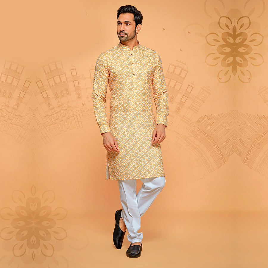 Soothing Yellow Floral Printed Kurta for Men