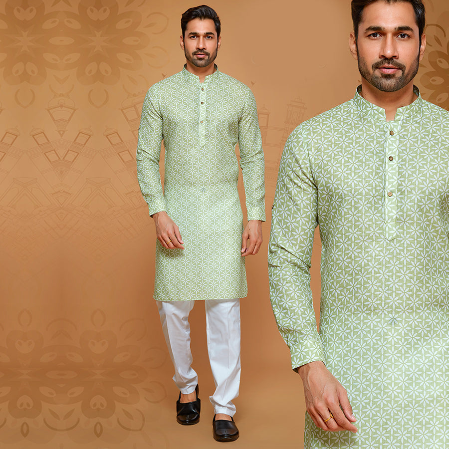 Light Green Floral Printed Men's Kurta