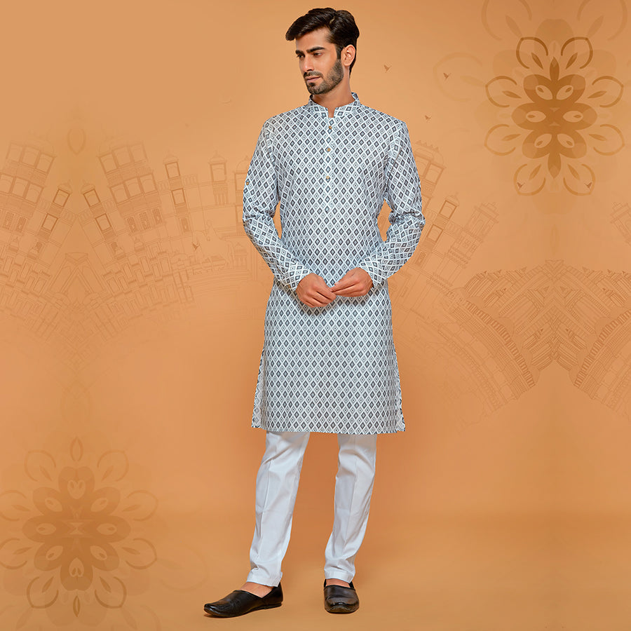 White And Grey Contrasted Geometric Printed Kurta