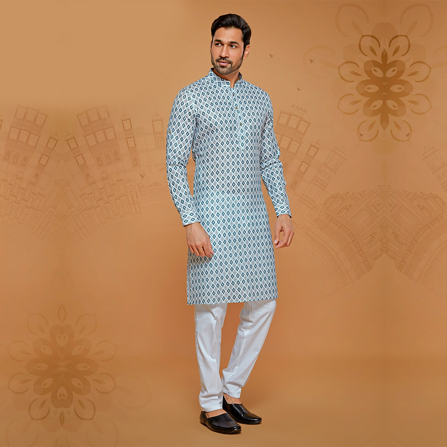 White And Green Combined Printed Kurta