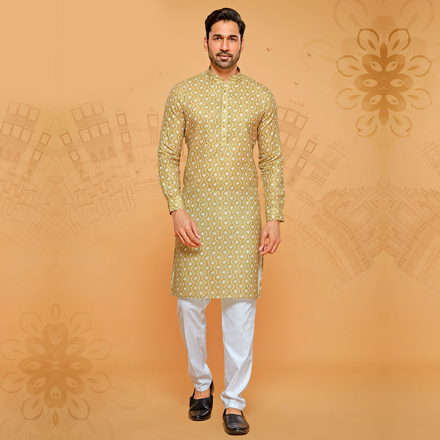 Festive Cotton Printed Kurta in Yellow.