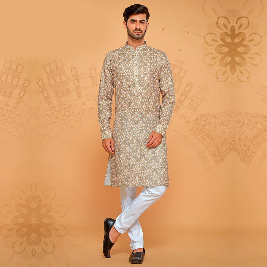 Men's Beige colour printed kurta