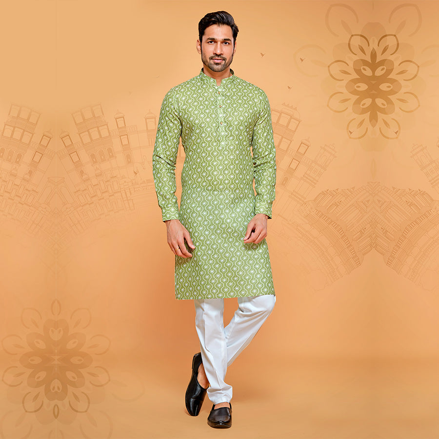 Men's Green Kurta adorned with Chakra Prints